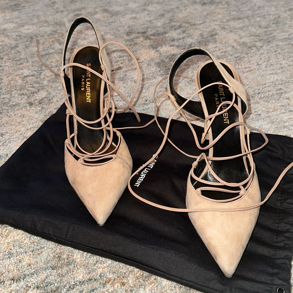 Saint Laurent Nude Suede Tie-up Heels (Size 38)